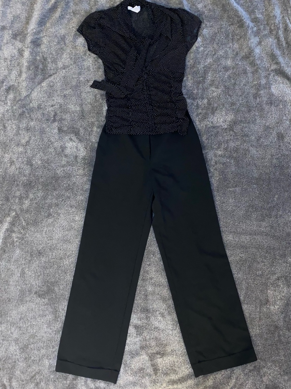 Office Siren Set – High Rise Wide Leg Slacks + Sheer Polka Dot Tie Front Blouse